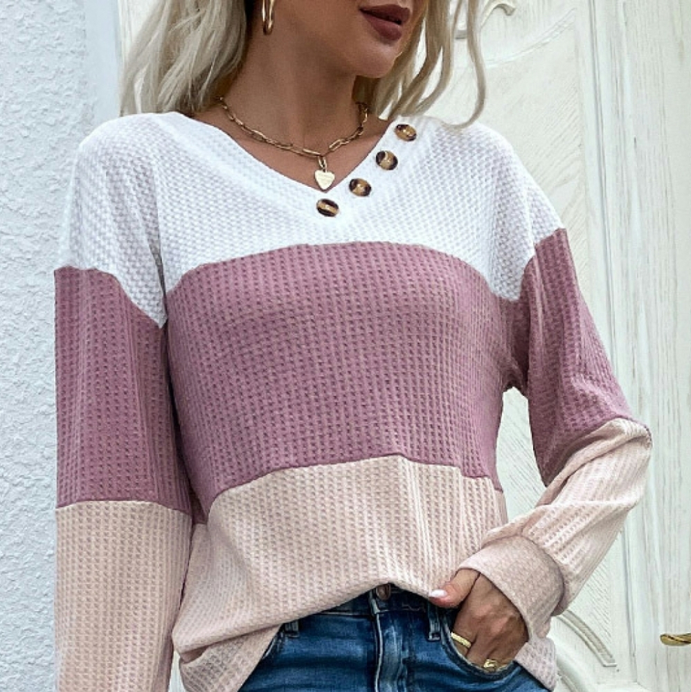 Color Block Waffle Knit Button Detail Top
